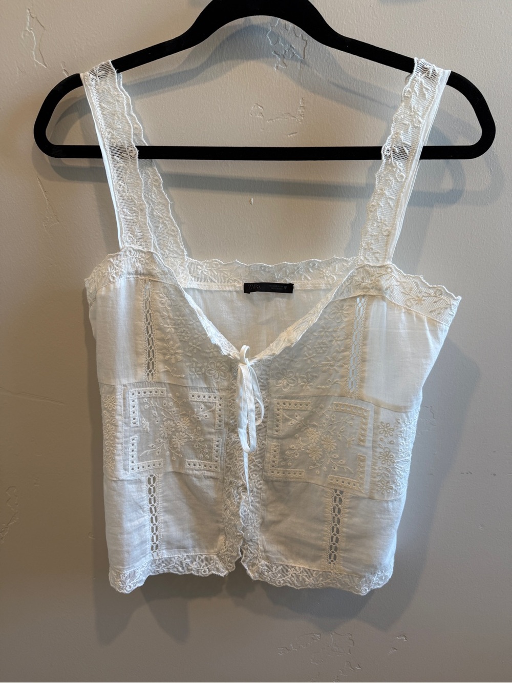 Zara White Lace-Trim Camisole with Embroidered Panels